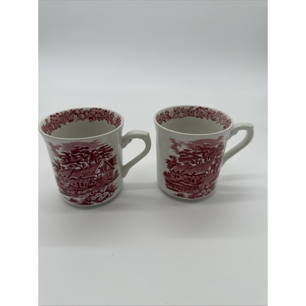 Vtg ROMANTIC ENGLAND by J&G Meakin Mug Cup Set 2 Red Ironstone Thatched Cottage